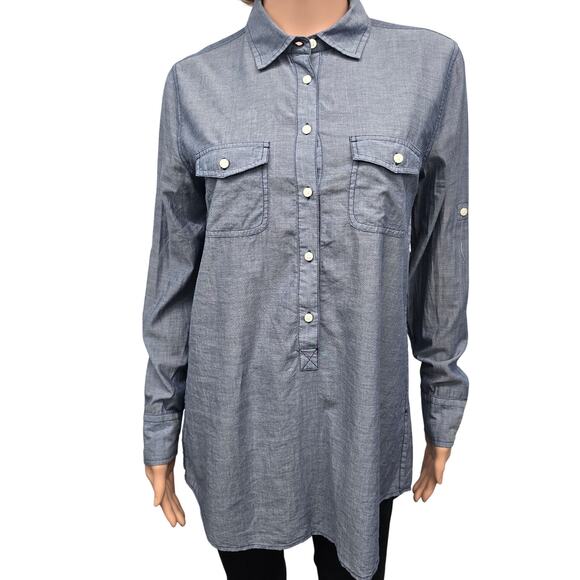 J. Crew Chambray Popover Tunic Shirt Women M Blue Long Sleeve Roll tab Button Up - Picture 2 of 12